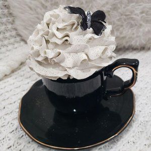 Pip Posh Design Faux Sweet Décor Black Tea Cup & Whipped Black Butterfly Topper